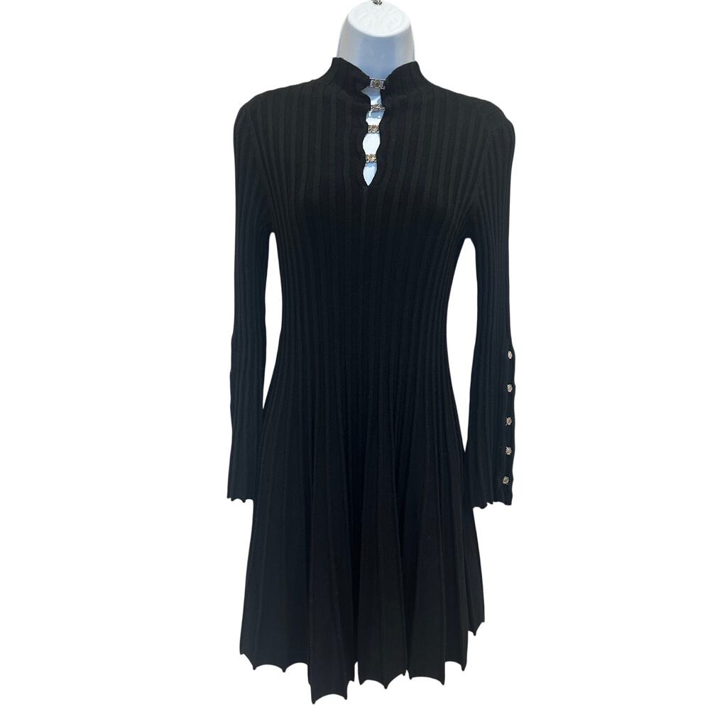 Maje Black Ribbed Knit Mini Dress SMALL Career Fit Flare Long Bell Sleeve $300 - Picture 4 of 11